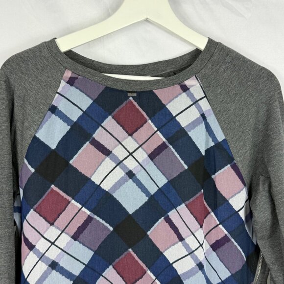 Two by Vince Camuto Plaid Print Top Womens Small Gray Raglan Sleeve Zips Up Side - Picture 2 of 7